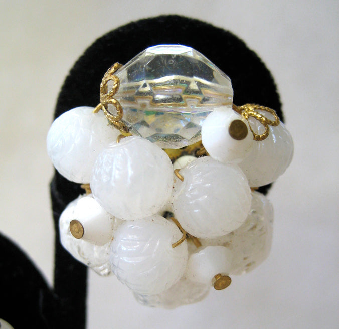 German-Made Frosted White Cluster Bead Earrings