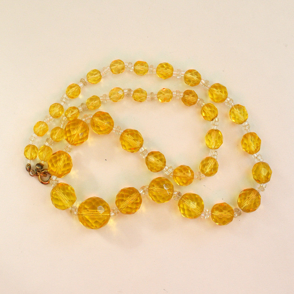 Art Deco Cut Crystal Yellow Bead Necklace