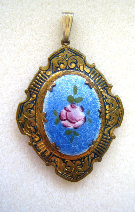 Brass Locket Pendant/Necklace with Enameled Floral Plaque
